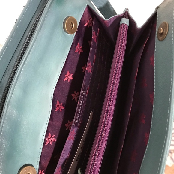 Anuschka Hand Painted Teal and Pink Floral Leather Crossbody Organizer Bag NWT - Picture 5 of 8